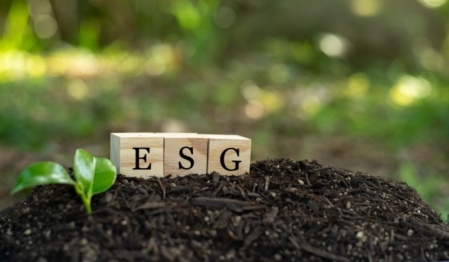 泥土上的木塊刻有「ESG」字樣與旁邊的綠色嫩芽/環境、社會、治理投資概念/永續發展與企業責任/成長中的植物與環保