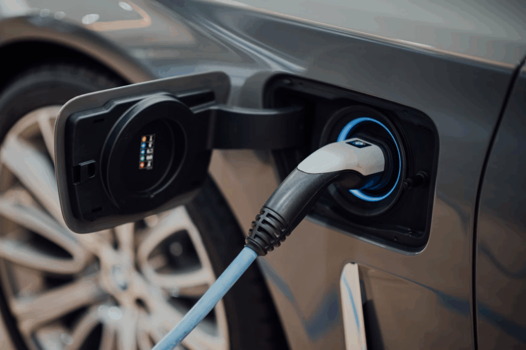 灰色電動車正在充電，充電槍插入車側充電埠，藍光顯示運作中