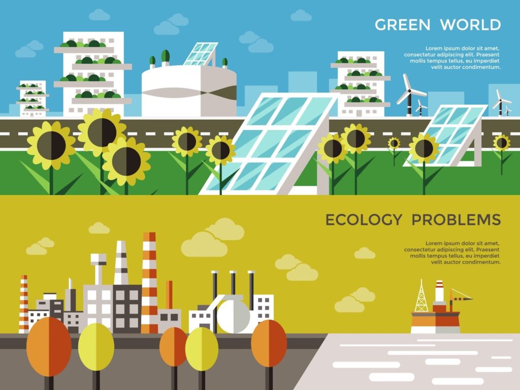 一張描繪環境對比的插圖，上方區塊為GREEN WORLD的綠色城市，有太陽能板、風力發電機和垂直農場建築；下方區塊ECOLOGY PROBLEMS的工業污染場景，有工廠煙囪、煉油廠和海上鑽井平台，象徵永續發展與環境污染的對比。